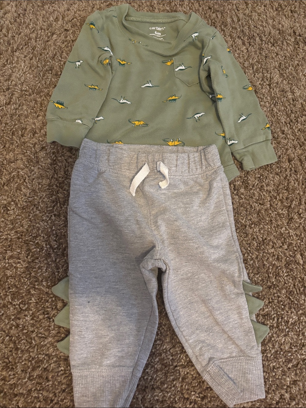 Carter's Green Dino Print Top with Gray Jogger Pants and Yellow Top with Pants - Picture 2 of 5